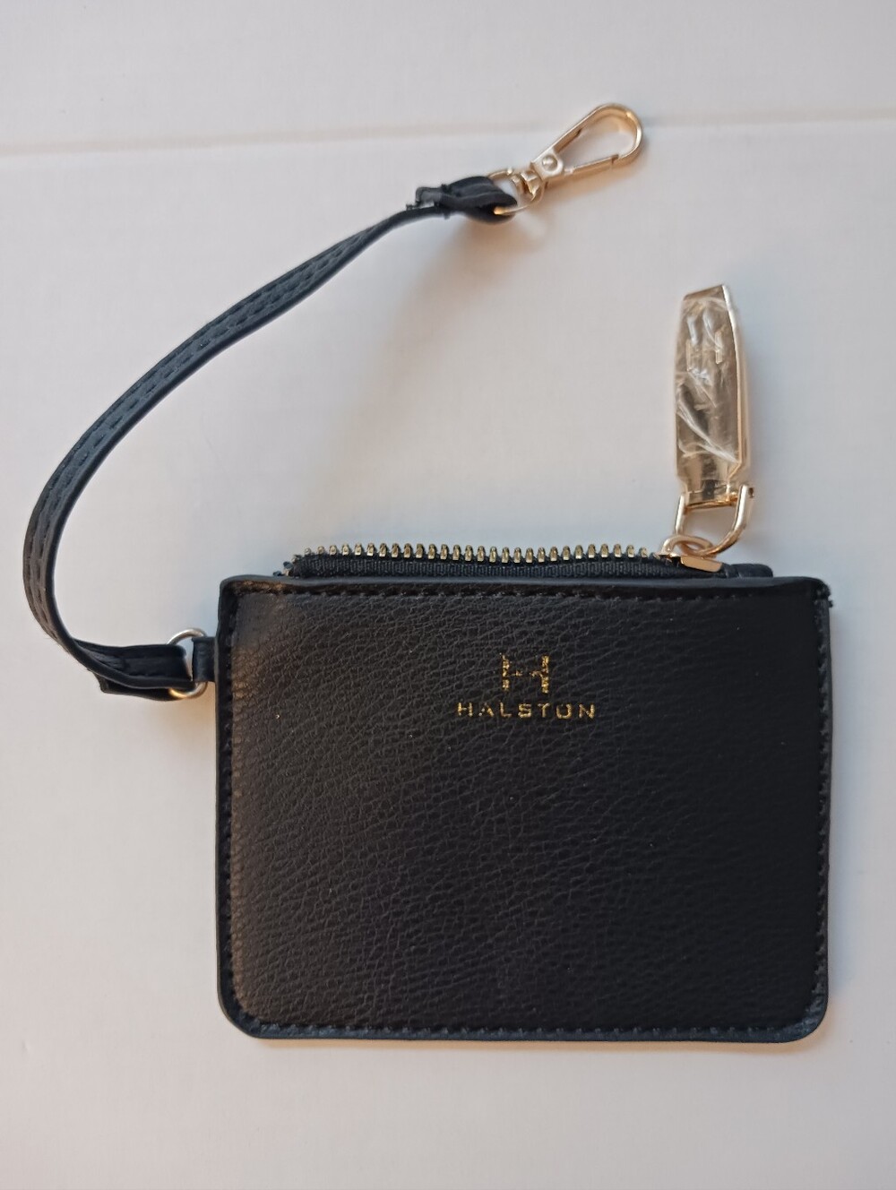 Halston Black Leather Mini Pouch Coin Purse w/ Gold Logo Tag Zipper Pull